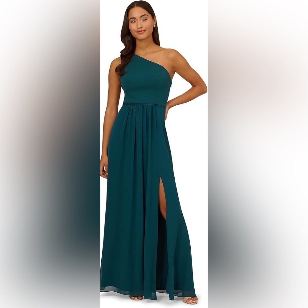 Adrianna Papell Women's One Shoulder Chiffon Gown Size 12 Color Hunter